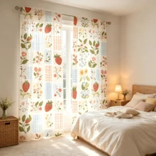 2pcs Plaid Strawberry Floral Print Sheer Curtains, Fresh Country Style, Filters Light And Dust, Semi-Transparent Rod Pocket Voile Curtains, Suitable For Living Room, Bedroom, Holiday And Birthday Gift - Multicolor - View 7