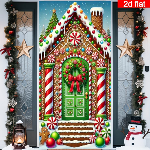 Rideau de porte de maison en pain d'épices de Noël 2D plat, design de maison en pain d'épices de style dessin animé avec cannes de bonbon, boules colorées et bonhomme en pain d'épices, multicolore, polyester durable, sans alimentation électrique requise, convient pour la décoration thème de Noël, peut être utilisé pour la décoration murale, de porte et de fenêtre intérieure et extérieure, décoration d'ambiance de fête, maison, centre commercial, studio, scènes extérieures, matériau en polyester, sans alimentation électrique requise