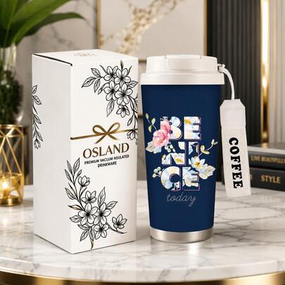 1/5pcs 18oz Vacuum Insulated Travel Mug, Elegant Watercolor Pink Peony White Daisy Big Letter BE NICE Dark Blue Background Pattern Tumbler, Multi-Use Straw Flip Lid, White COFFEE Wrist Strap, Gentle Floral Gift For Painters Female Coworkers Friends
