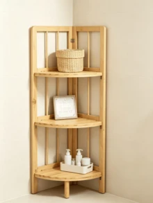 1pc Floor-Standing Curved Corner Solid Wood Shelf, Storage Rack For The Dry Area Of Bathrooms, Multi-Functional Corner Shelf For Small Apartments. - Maple - View 6