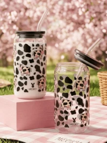 Meoky 16oz Glass Cup, Cow Print, High Borosilicate Glass Jar-Shaped Cup. Multi-Functional Kitchenware, Suitable For Home Hospitality, School Lunch Box And Office Coffee. Charming Everyday Cup And Party Favor. - Black Lid Black and White Cow - View 4