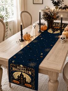 1pc-Happy Halloween Linen Table Runner, Vintage Haunted House Pumpkin Skull Bat Spider Web Printed Navy Table Decor, Gothic Farmhouse Fall Runner For Kitchen Dining Halloween Party - Multicolor - View 5