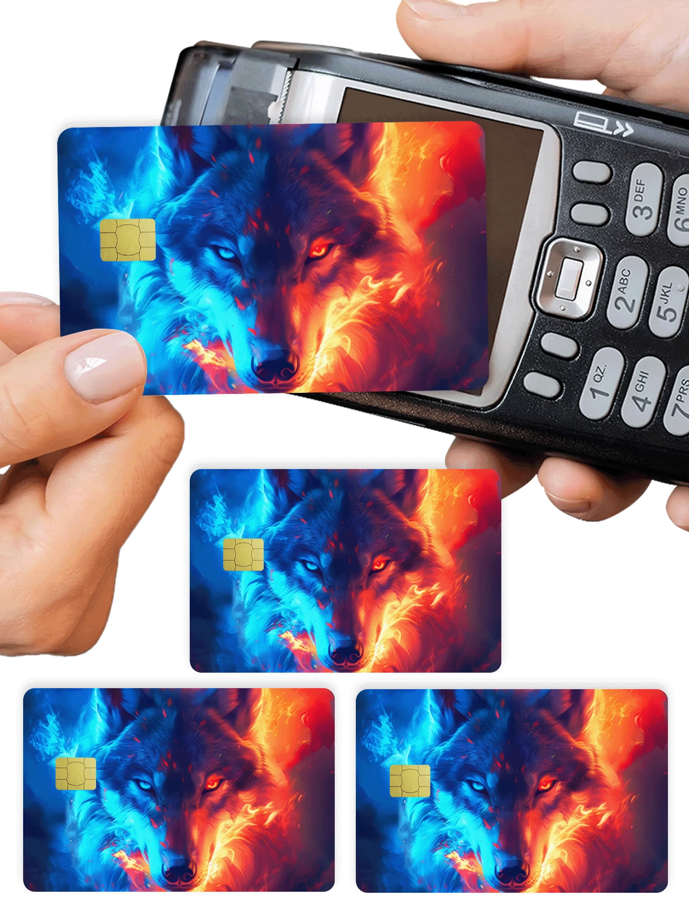 1pc Flame Wolf Official Credit Card Sticker Privacy Protection Card Skin, Ice & Fire Wolf Holiday Gift PVC Material Anti-Fingerprint Anti-Scratch Wear-Resistant Card Sleeve Skin, Suitable For Men, Women, Couples, Small Chip Card, Bank Card Decoration Sticker, Credit Card, Transportation Card, Student Campus Card Personalized DIY - Type a - View 1