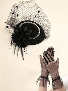 1 Set Exquisite Hat And Lace Gloves, 1920s-1950s Style, Small Round Hat, Cocktail/Afternoon Tea Party Headpiece, With Veil, Suitable For Girls And Women - Black - View 1