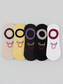 5 Pairs Women's Cute Cartoon Smiling Face & Letter Pattern Low Cut Invisible Boat Socks - Multicolor - View 2