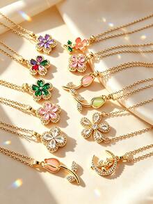 4/6/8/10pcs French Elegant Style Multi-Element Series Floral Pendant Stainless Steel Women's Jewelry Set Suitable For Daily Wear/Party/Commute/Business/Holiday Gift - Yellow Gold - View 8