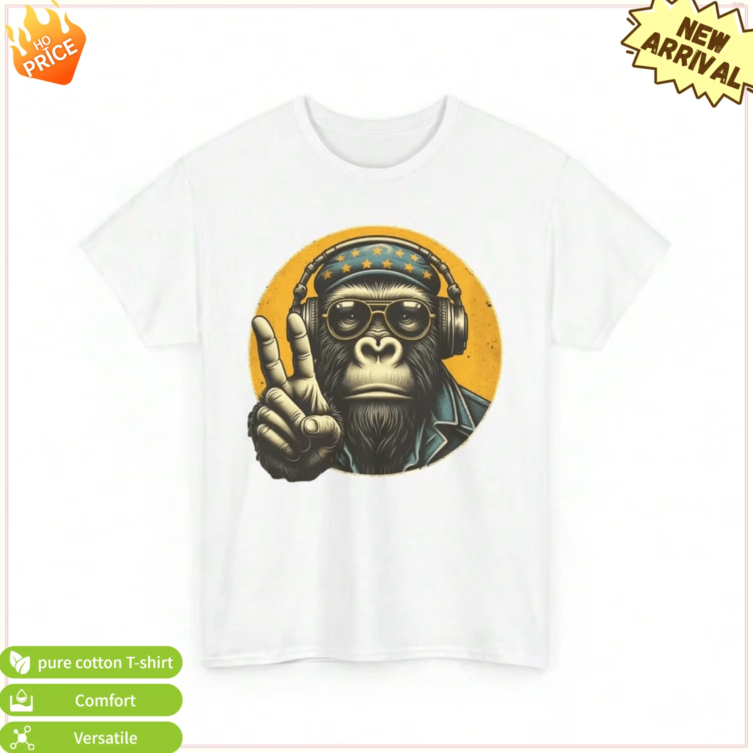 Monkey Music T-Shirt - Funny Novelty Musician Gorilla Unisex Graphic Tee White Top Tops Summer Tops Festival Outfits Women Holiday Night Outfits Festi - White - View 1