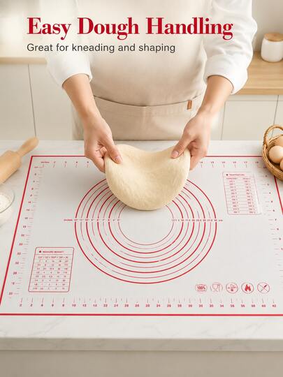 1pc Silicone Pastry Mat For Dough Rolling With Measurement Guides | Large Baking Mat With Clear Scale Markings | Reusable Kitchen Counter Mat For Bread, Pizza, Cookies & Pastry Making(Red Markings)