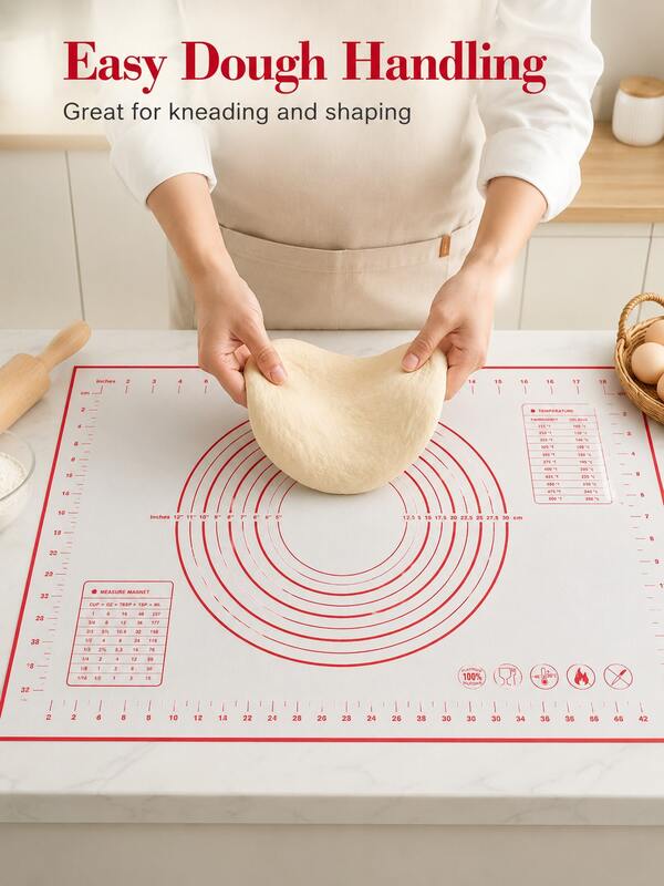 1pc Silicone Pastry Mat For Dough Rolling With Measurement Guides | Large Baking Mat With Clear Scale Markings | Reusable Kitchen Counter Mat For Bread, Pizza, Cookies & Pastry Making(Red Markings)