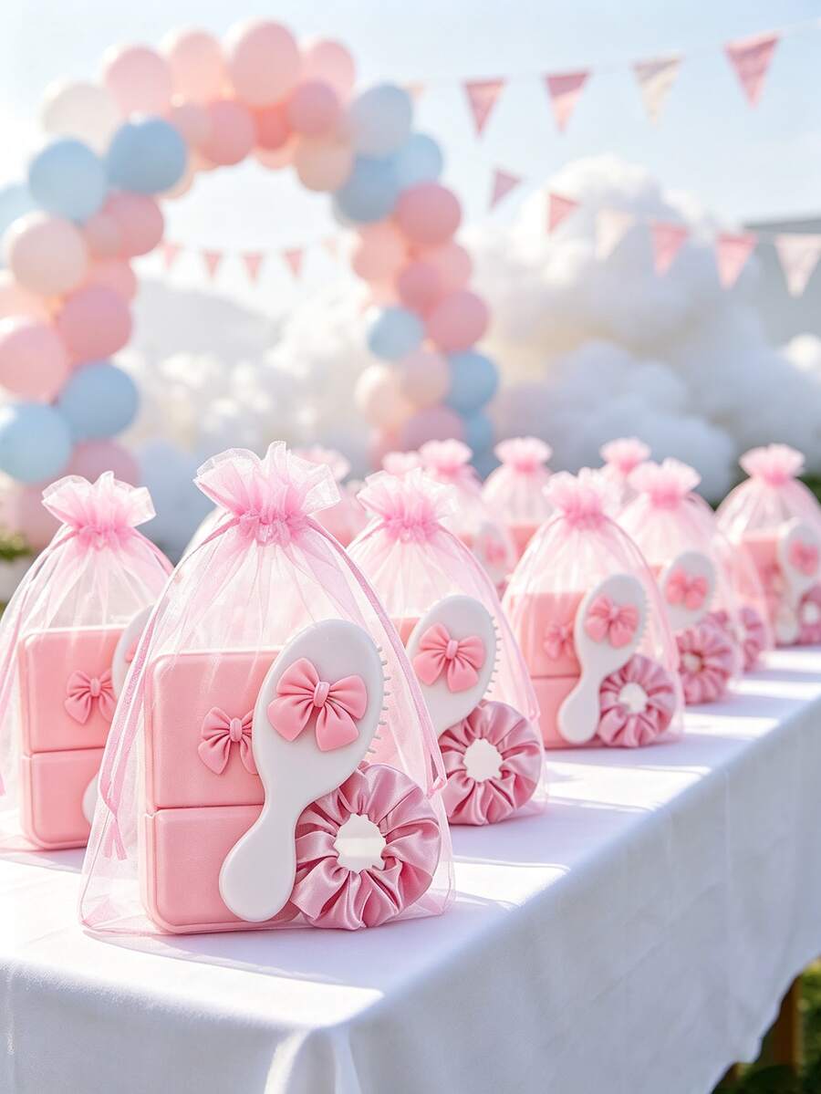 1/6/12sets-Girl's Sweet Bow Style Party Favors: Includes Portable Makeup Mirror, Mini Hair Comb, Hair Scrunchie, Organza Gift Bag - Suitable As Thank You Gifts Or Baby Shower Party Supplies (Basic Bow, Pink) - Multicolor - View 1