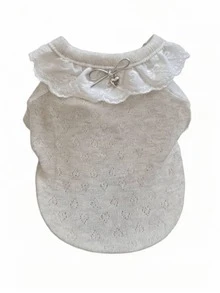 1pc Autumn Pet Vest Dog Teddy Hollow Out Cat Pet Clothes Summer Breathable Thin Style, Elegant Lace Ruffle Collar With Bow Decor, Soft Breathable Sleeveless Dog Vest, Daily Cute Puppy Kitten Outfit, Suitable For Small And Medium Pets Summer Wear - Light Grey - View 11