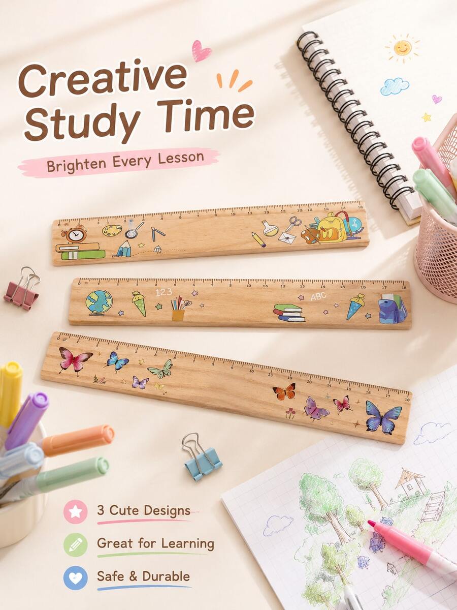 1 buah penggaris kayu dengan cetakan matematika kreatif, alat ukur 18cm untuk perlengkapan sekolah dan kantor, alat bantu yang bagus untuk siswa mengukur, hari pertama sekolah. - MultiWarna - View 1