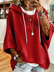 Women's Plus Size Red Hooded T-Shirt, Loose Short Sleeve Knit Fabric, Autumn Street Casual Style - Red - View 1