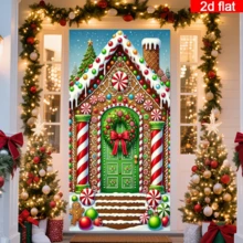 2D Flat Christmas Gingerbread House Door Curtain, Cartoon Style Candy Gingerbread House Design With Candy Canes, Colorful Balls And Gingerbread Men, Multi-Color Palette, Durable Polyester, No Power Required, Suitable For Christmas Theme Decoration, Can Be Used For Indoor/Outdoor Wall, Door And Window Decoration, Holiday Atmosphere Decoration, Home, Mall, Studio, Outdoor Scene Universal, Polyester Material, No Power Required - A - View 3