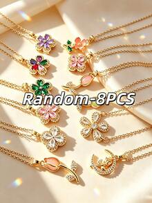 4/6/8/10pcs French Elegant Style Multi-Element Series Floral Pendant Stainless Steel Women's Jewelry Set Suitable For Daily Wear/Party/Commute/Business/Holiday Gift - Yellow Gold - View 4