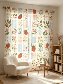 2pcs Plaid Strawberry Floral Print Sheer Curtains, Fresh Country Style, Filters Light And Dust, Semi-Transparent Rod Pocket Voile Curtains, Suitable For Living Room, Bedroom, Holiday And Birthday Gift - Multicolor - View 11