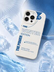 1PC Minimal Typography Phone Case Compatible With Iphone 15 14 13 12 11 Pro Max, Cream White Grain Leather Base Klein Blue "The Winter Edition The Power" Energy Drink Text Abstract Curve Graphic Cream White Frame Shockproof Phone Shell - Beige - View 5