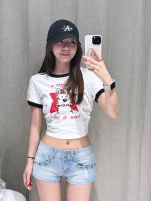 YEAE | 美式復古鉚釘裝飾女款低腰牛仔短褲，高彈力休閒夏季款 - 淺藍色 - 查看 4