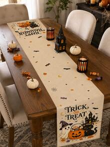1件裝可愛萬聖節亞麻桌旗，幽靈黑貓南瓜燈鬼屋 Trick Or Treat 印花桌飾，秋季農舍風廚房餐桌萬聖節派對桌旗 - 彩色 - 查看 6