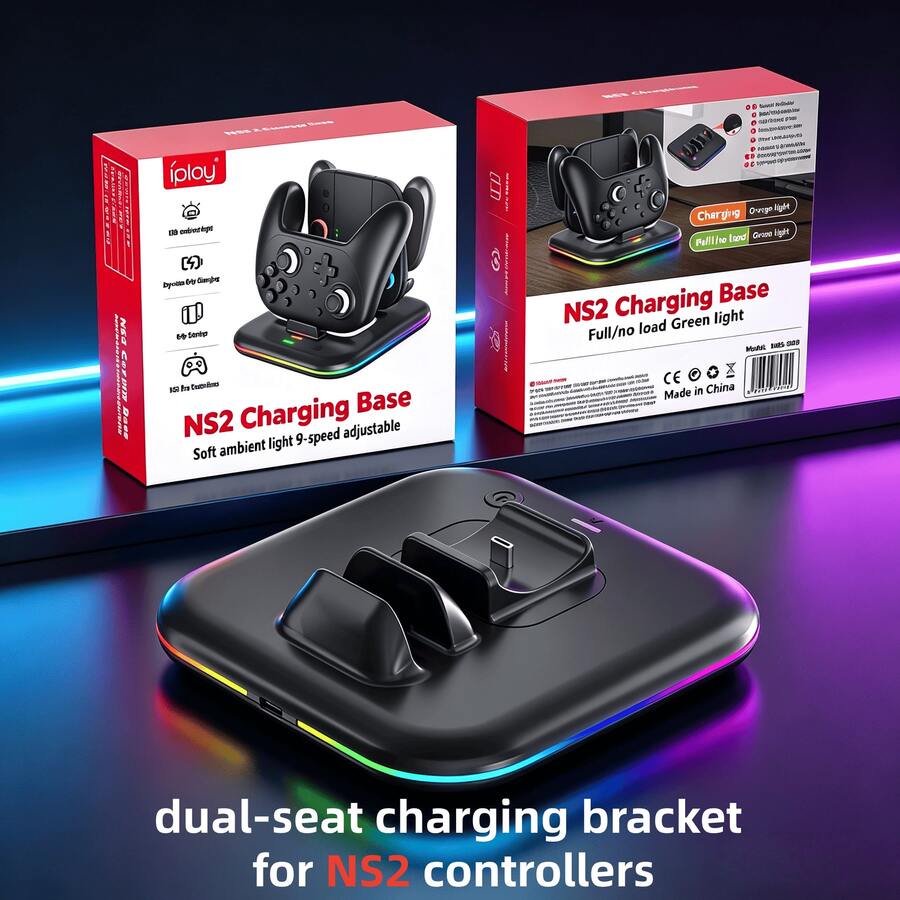 Multi-Function NS2Pro Controller Dual Charging Dock, USB Interface Connection, Dual Slot Synchronous Fast Charging, 9-Level Adjustable RGB Ambient Light, Red/Green Charging Indicator Light, Anti-Slip Desktop Storage Charging Stand - 查看 1