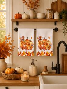 2pcs/4pcs/8pcs Thanksgiving Autumn Maple Leaf Pumpkin Hand Towels, Harvest Festival Bathroom Towels, Dish Cloths, Vintage Farm Style, Suitable For Harvest Festival Kitchen Decor, Thanksgiving Party Event Decoration - Multicolor - View 2