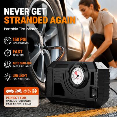 CARSUN Inflador de neumáticos portátil mini de 12V con iluminación nocturna brillante, diseño mecánico para automóvil'
