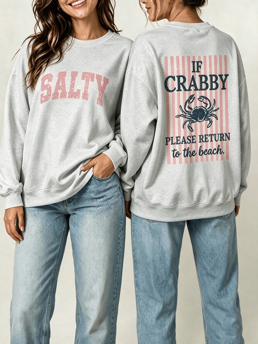 Women's If Crabby Please Return To The Beach Salty Graphic Long Sleeve Tops ,Ouble-Sided Print Oversized Casual Fall Outfit For Women Gray Sweat Shirt - 灰色 - 查看 1
