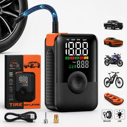 CARSUN 可攜式無線彩色螢幕數位胎壓充氣機 150PSI，附 LED 照明，22 缸高功率氣泵，適用於汽車、摩托車、自行車，黑色款，機身輕巧便攜，結構堅固耐用，Type-C 充電接口