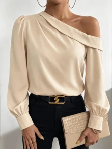 IGKEEL Women's Autumn/Winter Blouse, Apricot Asymmetrical Shoulder Elegant Slimming Commuter Top, Suitable For Commute/Work/Business, Elegant Women's Clothing - Apricot - View 6