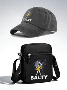 1件/2件中性套裝附雨傘，鹹味字母圖案印花設計：可調節水洗棒球帽與斜挎包，街頭時尚戶外運動中性棒球帽與肩背包套裝，可調節，送給自己或朋友的禮物 - 彩色 - 查看 1
