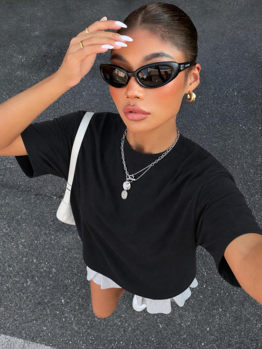 Women's Y2K Fashion Casual Sports Basic Black Solid Color Short Sleeve T-Shirt Summer - Black - View 1