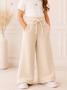 Kids' Wide-Leg Pants, Ribbed Cotton, Comfortable And Soft With Pockets - 米白色 - 查看 3