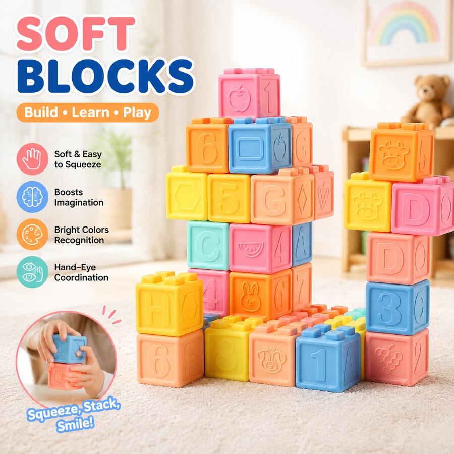 Children's DIY Soft Building Blocks Toy Set, Large Size Stacking Blocks, Parent-Child Interactive Play, Hand-Eye Coordination Training, Gift For Boys And Girls - Multicolor - View 1