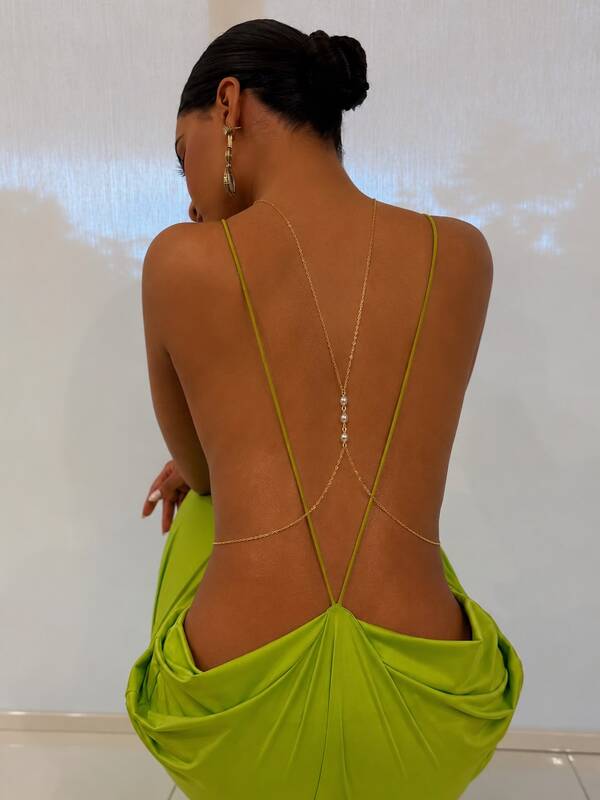 1 pieza Elegante cadena corporal sexy de estilo francés sin espalda con colgante de perla falsa, cadena delgada dorada para la espalda, accesorio versátil y llamativo para vestidos de fiesta y noche para mujer