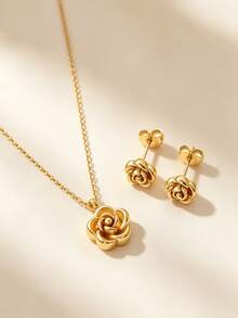 VceTd 2PCS French Romantic Style Rose Shaped Stainless Steel Earrings/Necklace Jewelry Set For Women, Suitable For Dating, Commuting Or Holiday Gift For Loved Ones - Yellow Gold - View 5