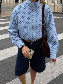 女士春季新款抽绳拉链波点立领休闲外套度假装 - 藍色 - 查看 3