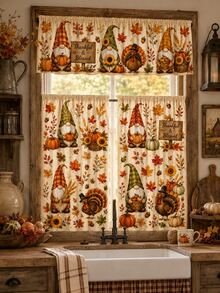 3PCS Thanksgiving Gnome Kitchen Curtain Set With Gnomes, Turkey, Pumpkin, Sunflower, Maple Leaf And Thankful & Blessed Print, 1 Valance + 2 Tier Panels, Rod Pocket Window Curtains For Kitchen, Fall Decor And Home Decor - Multicolor - View 4