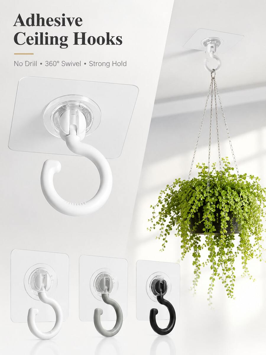 Rotatable Self-Adhesive Ceiling Hook, Drill-Free Adhesive Multi-Function Hook, Suitable For Hanging Plants, Lanterns, Wind Chimes, Kitchen Utensils, Bathroom Accessories, Home Storage, Yard And Holiday Decorations - Multicolor - View 1