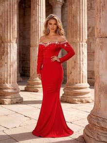 Romagic Sweetheart Off-Shoulder Beaded Long Sleeve Evening Gown, Wedding Guest Dress - Red - View 4