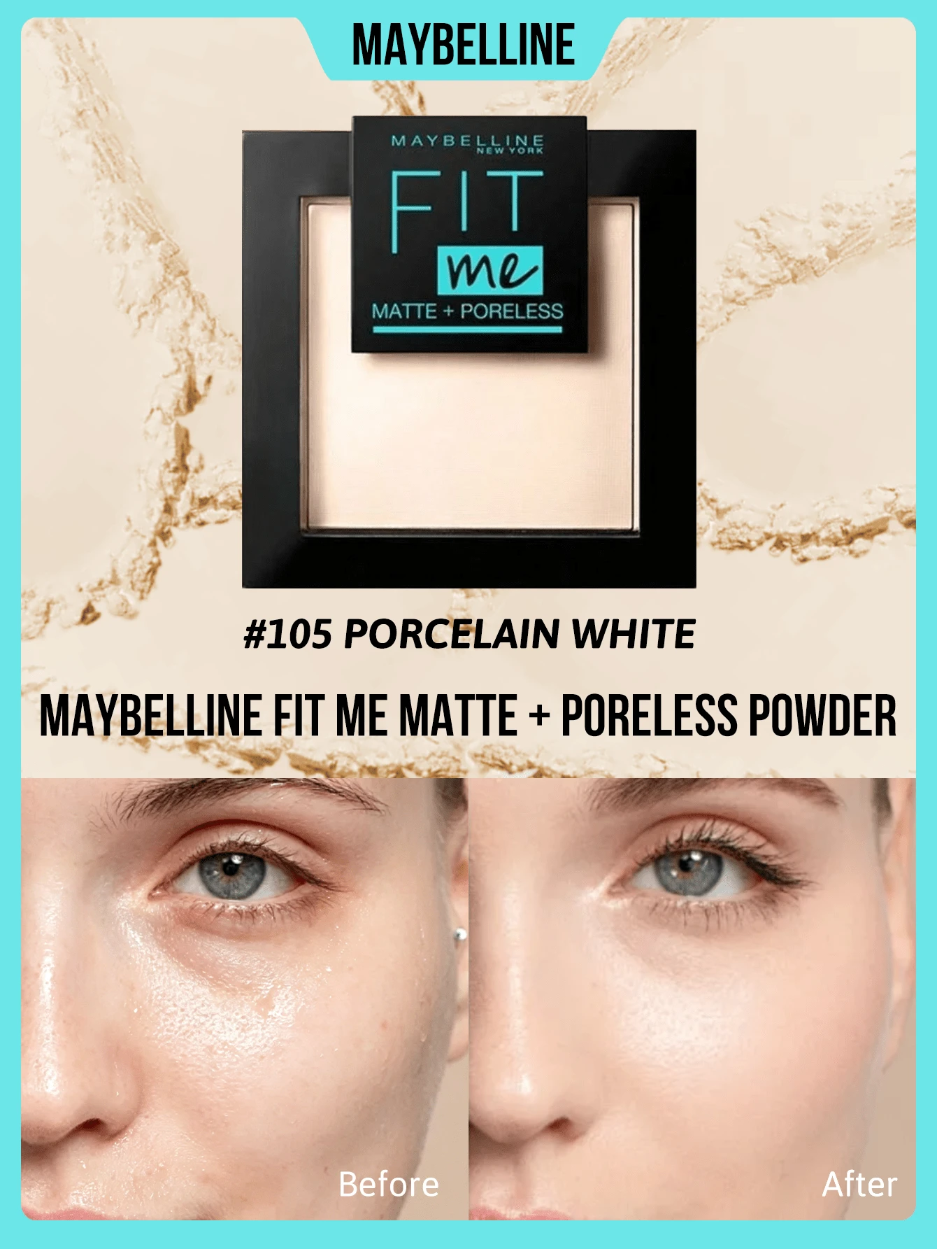 Maybelline Fit Me Matte + Poreless Polvo Compacto, Control de Grasa, SPF30+, Minimiza los Poros, con Espejo y Aplicador Incorporados, Fácil de Retocar, Alta Cobertura, Textura de Polvo Fino, Resistente al Sudor, Larga Duración, Acabado Mate, Unifica el Tono de la Piel - #105 porcelana blanca - Ver 1