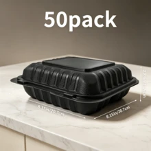 FookmeKag 50/150 Pieces Of 8"/9 Inch Black 3-Layer Portable Food Containers With Double-Layer Lids, Disposable High-Strength Plastic Hinge-Style Lunch Boxes, Suitable For Use In Microwave Ovens And Refrigerators. - 50pcs - 查看 12
