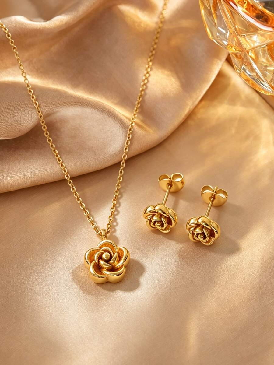 VceTd 2PCS French Romantic Style Rose Shaped Stainless Steel Earrings/Necklace Jewelry Set For Women, Suitable For Dating, Commuting Or Holiday Gift For Loved Ones - Yellow Gold - View 1