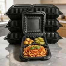FookmeKag 50/150 Pieces Of 8"/9 Inch Black 3-Layer Portable Food Containers With Double-Layer Lids, Disposable High-Strength Plastic Hinge-Style Lunch Boxes, Suitable For Use In Microwave Ovens And Refrigerators. - 50pcs - 查看 3