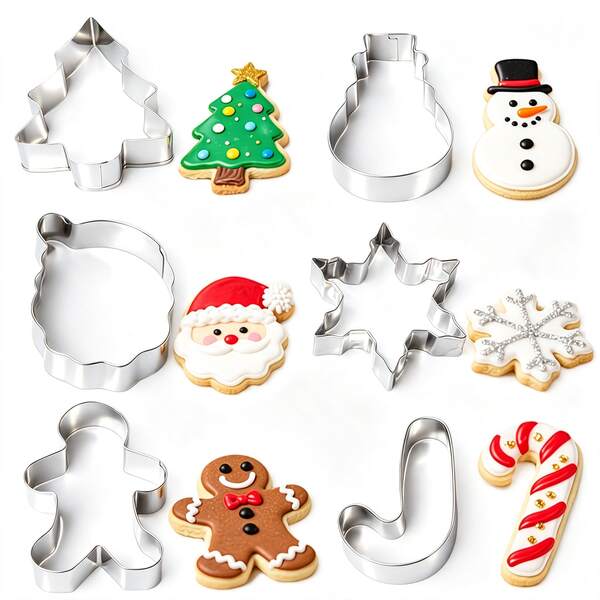 6pcs Christmas Cookie Cutters Baking Molds - Christmas Tree, Gingerbread Man, Snowman, Snowflake, Candy Cane, Santa Claus Face, For Holiday Food Decoration, Christmas Cooking, Christmas Decor, Christmas Gifts, Christmas Ornaments