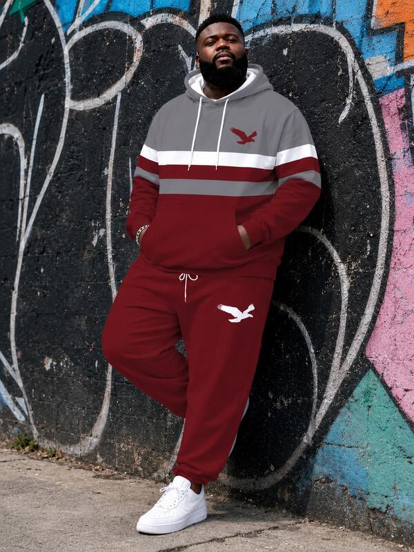Men's Street Casual Minimalist Series "Contrast Plaid & Flying Bird" Plus Size Hoodie Sweatshirt Set, Spring/Autumn/Winter Sports 2-Piece Set - INS Style Loose Fit Plus Size Comfortable Hoodie + Jogger Sweatpants, Street Hip-Hop Versatile