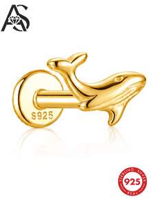 AnlaScheer 1件 精緻時尚 925純銀鍍18K金 可愛海洋生物平背耳釘，低過敏，適合女性女孩日常派對禮物 - 金色 - 查看 2
