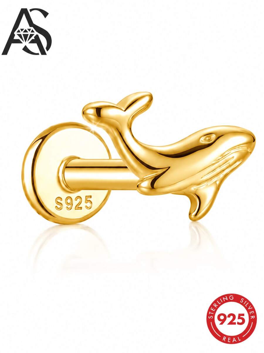 AnlaScheer 1件 精緻時尚 925純銀鍍18K金 可愛海洋生物平背耳釘，低過敏，適合女性女孩日常派對禮物