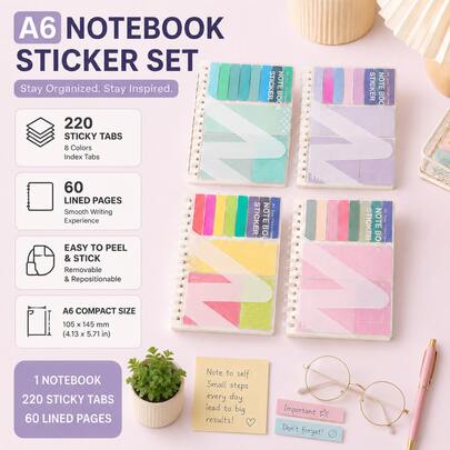 A6 Spiral Notebook With Sticky Notes And Index Tabs, 60 Pages Reusable Note Book, Removable Memo Pads Planner Journal, Colorful Page Markers For School Office Study Supplies,Back To School Season