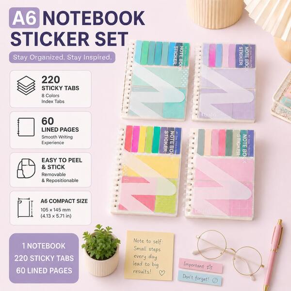 Caderno Espiral A6 com Notas Adesivas e Abas de Índice, Caderno de Notas Reutilizável de 60 Páginas, Blocos de Memorando Removíveis, Planejador Diário, Marcadores de Página Coloridos para Suprimentos Escolares, Escritório e Estudo, Temporada de Volta às Aulas