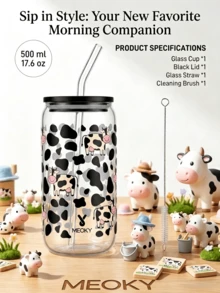 Meoky 16oz Glass Cup, Cow Print, High Borosilicate Glass Jar-Shaped Cup. Multi-Functional Kitchenware, Suitable For Home Hospitality, School Lunch Box And Office Coffee. Charming Everyday Cup And Party Favor. - Black Lid Black and White Cow - View 5